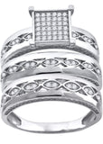 925 Sterling Silver His & Hers Cubic-Zirconia Square Head Trio Ring Set Size 9