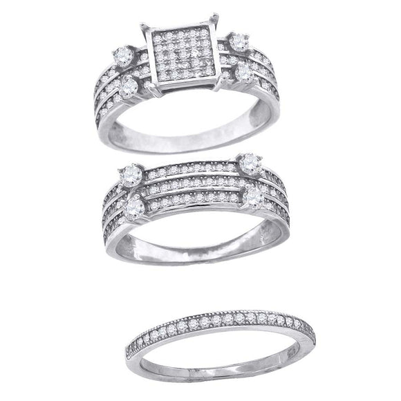 925 Sterling Silver His & Hers Cubic-Zirconia Square Head Trio Ring Set Size 6