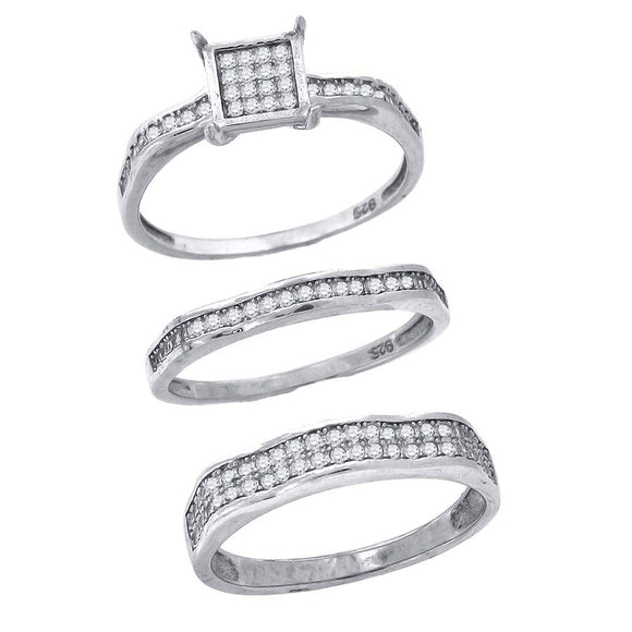 925 Sterling Silver His & Hers Cubic-Zirconia Square Head Trio Ring Set Size 6