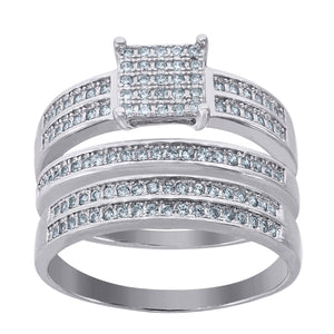 925 Sterling Silver His & Hers Cubic-Zirconia Square Head Trio Ring Set Size 6
