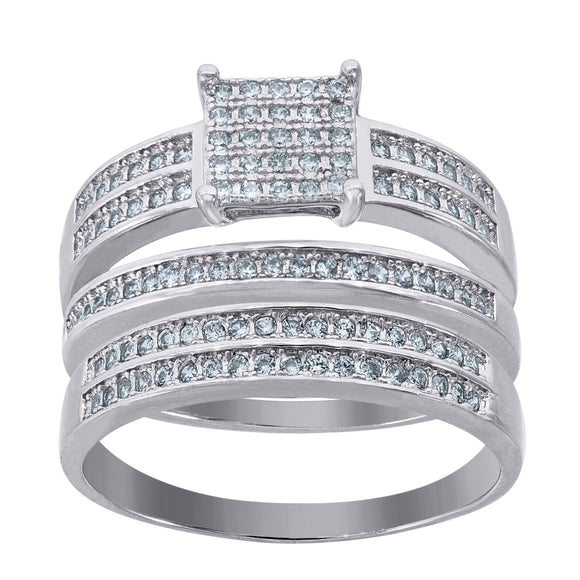 925 Sterling Silver His & Hers Cubic-Zirconia Square Head Trio Ring Set Size 6