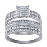 925 Sterling Silver His & Hers Cubic-Zirconia Square Head Trio Ring Set Size 8