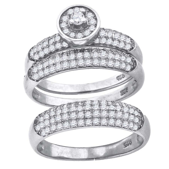 925 Sterling Silver His & Hers Cubic-Zirconia Round Head Trio Ring Set Size 6