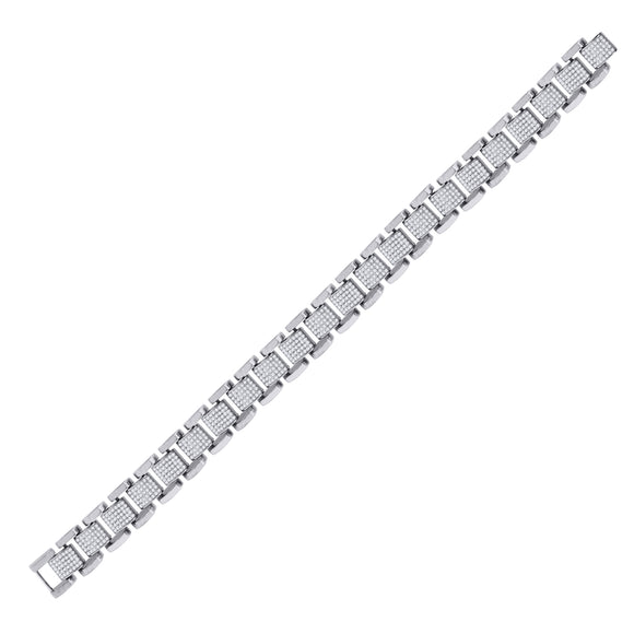 925 Sterling Silver Unisex Micropave Cubic Zirconia Square Link Bracelet