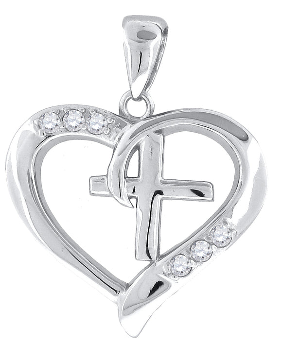 925 Sterling Silver Womens Cubic-Zirconia Cross Heart Charm Pendant
