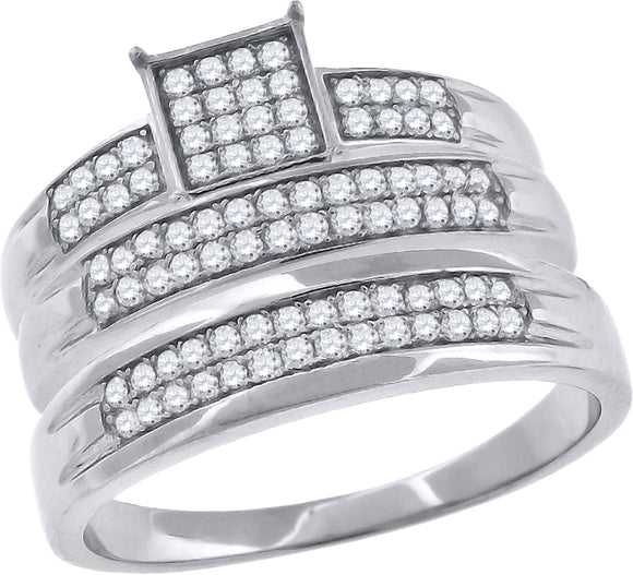 925 Sterling Silver His & Hers Cubic-Zirconia Square Head Trio Ring Set Size 6