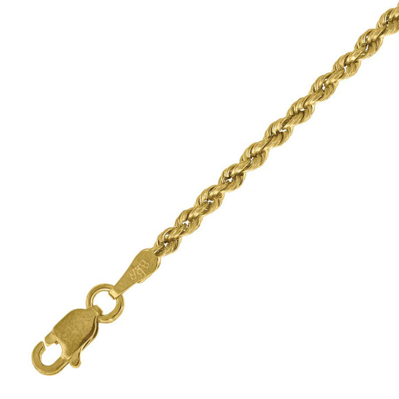 10kt Yellow Gold Mens Hollow Rope Bracelet 2mm 7
