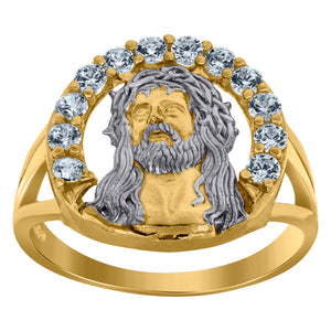 10kt Two-tone Gold Mens Cubic Zirconia CZ Jesus Face Religious Ring 