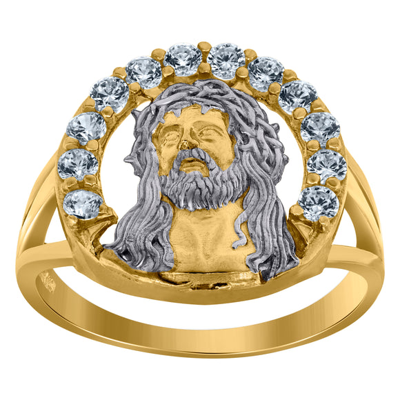 10kt Two-tone Gold Mens Cubic Zirconia CZ Jesus Face Religious Ring 