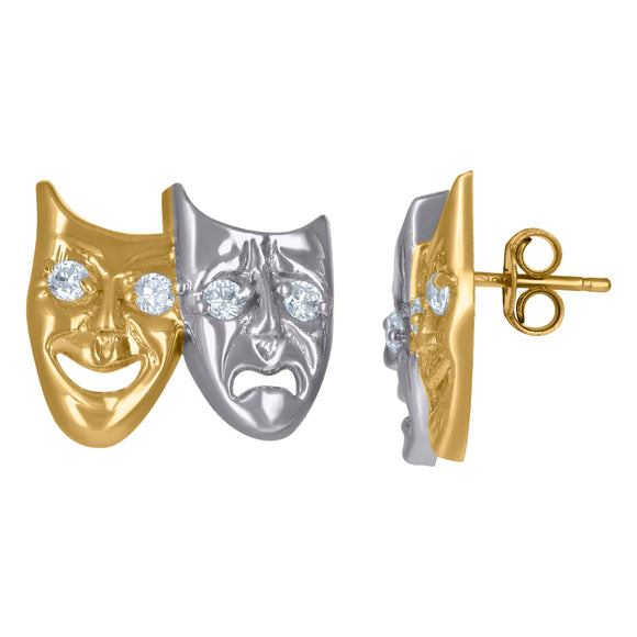 10kt Gold Two-tone CZ Mens Comedy Tragedy Mask 15.8mm x 13.9mm Push Back Studs