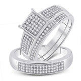 Sterling Silver His Hers Round Diamond Square Matching Wedding Set 3/8 Cttw