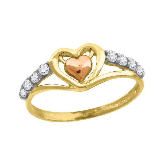 10kt Gold Womens Tri-color CZ 2mm Heart Band Ring