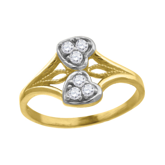 10kt Gold Womens Two-tone CZ Double Heart Band Ring