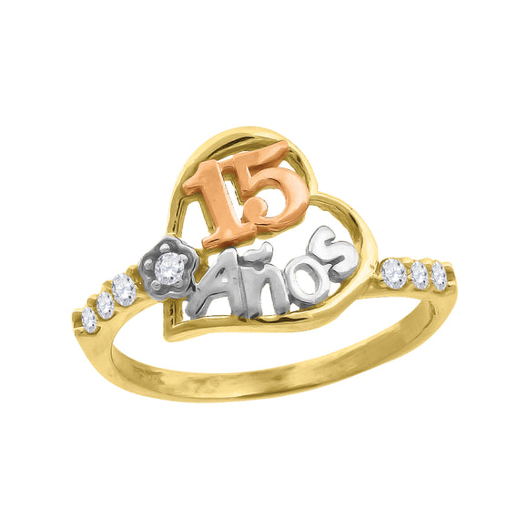 10kt Gold Womens Tri-color CZ 15 Anos Heart Flower Quinceanera Band Ring