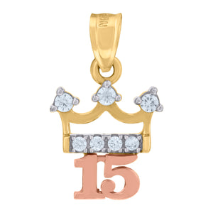 10kt Gold Tri-color Cubic-zirconia Womens 15 Anos Ht:12.2mm x W:5.6mm Quinceanera Charm Pendant