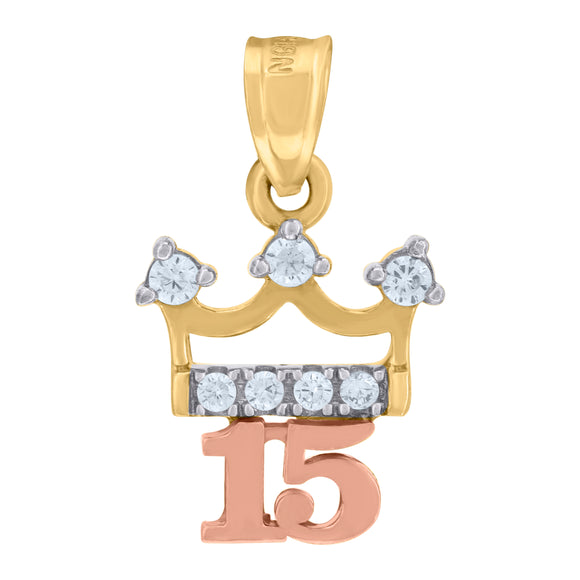 10kt Gold Tri-color Cubic-zirconia Womens 15 Anos Ht:12.2mm x W:5.6mm Quinceanera Charm Pendant
