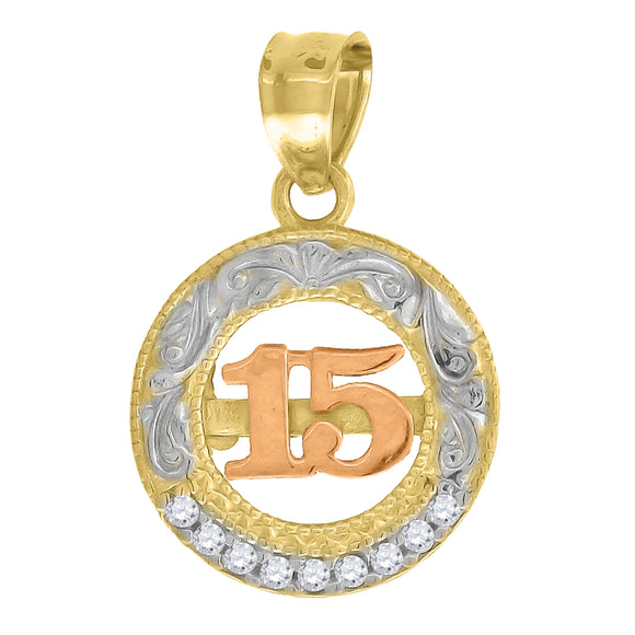 10kt Gold Tri-color Cubic-zirconia Womens 15 Anos Ht:17.4mm x W:12.2mm Quinceanera Charm Pendant