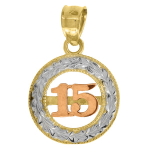 10kt Gold Tri-color Diamond-cut Womens 15 Anos Ht:17.1mm x W:12.2mm Quinceanera Charm Pendant