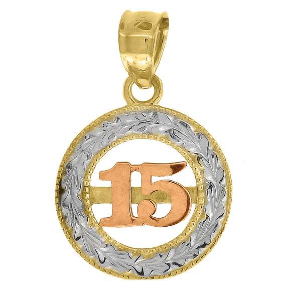 10kt Gold Tri-color Diamond-cut Womens 15 Anos Ht:17.1mm x W:12.2mm Quinceanera Charm Pendant