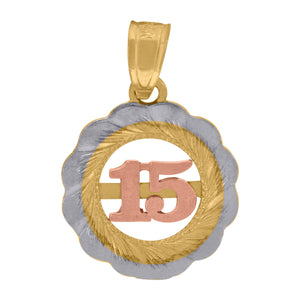 10kt Gold Tri-color Diamond-cut Womens 15 Anos Ht:17.8mm x W:12.7mm Quinceanera Charm Pendant