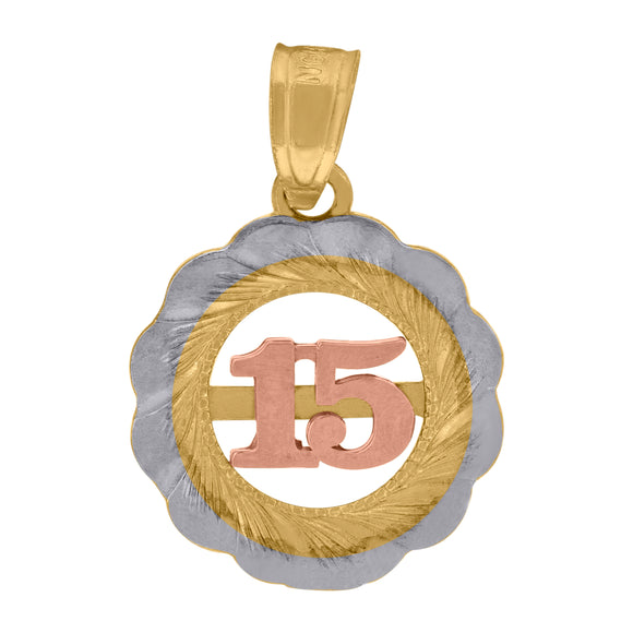 10kt Gold Tri-color Diamond-cut Womens 15 Anos Ht:17.8mm x W:12.7mm Quinceanera Charm Pendant