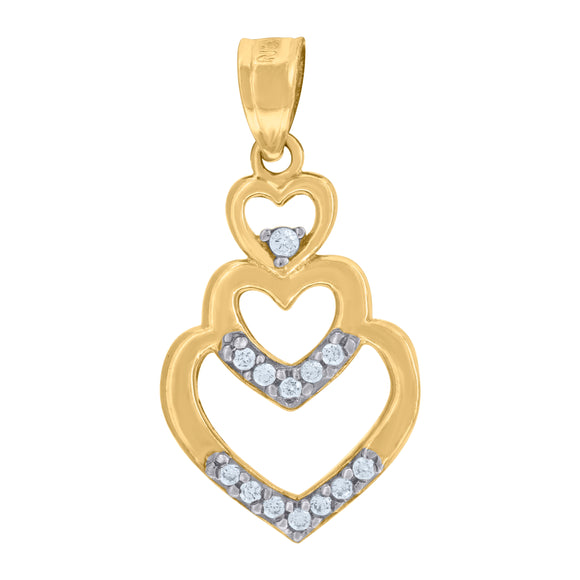 10kt Gold Two-tone Cubic-zirconia Womens Triple Ht:24mm x W:12mm Heart Charm Pendant