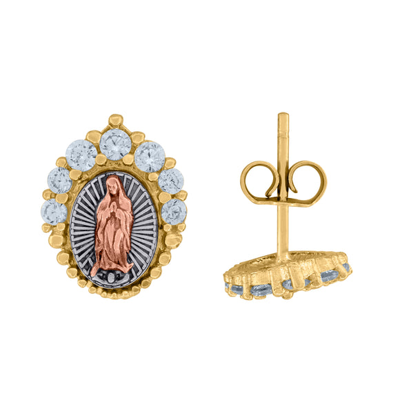 10kt Gold Tri-color CZ Mens Guadalupe Mary 8.3mm x 10.8mm Religious Push Back Studs