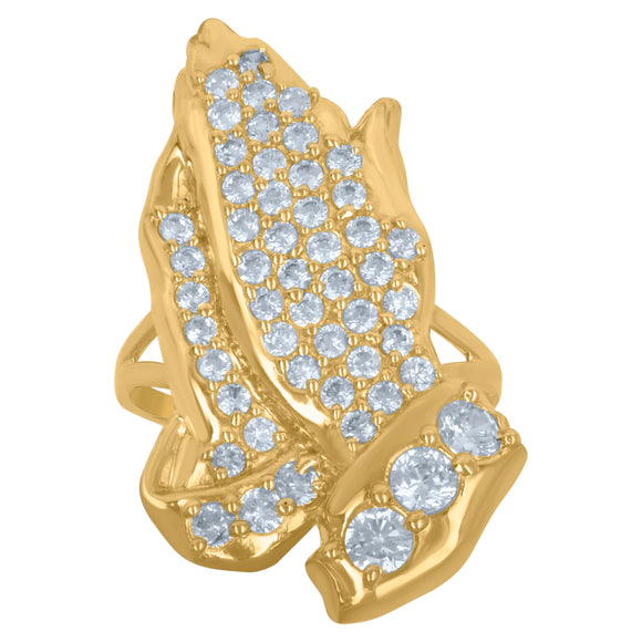 10KT Yellow Gold Mens Cubic Zirconia Praying Hands Religious Ring
