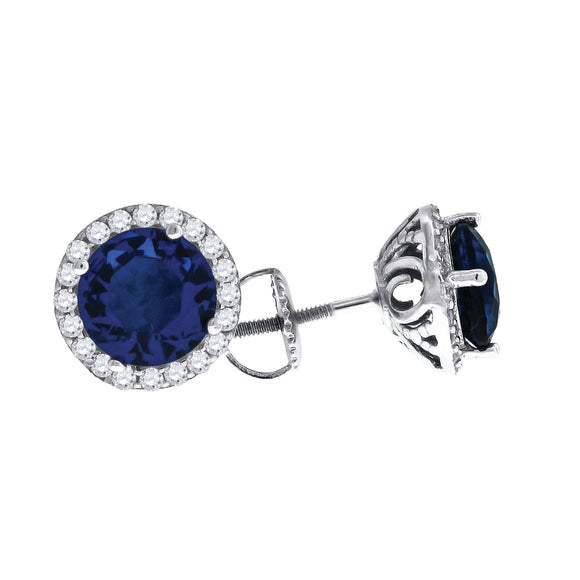 925 Sterling Silver Womens Royal Blue Cubic Zirconia Halo Round Stud Earrings
