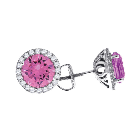 925 Sterling Silver Womens Pink Cubic Zirconia Halo Round Stud Earrings
