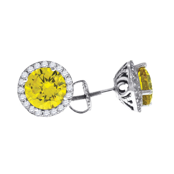 925 Sterling Silver Womens Yellow Cubic Zirconia Halo Round Stud Earrings