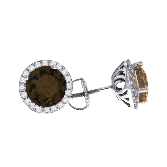 925 Sterling Silver Womens Brown Cubic Zirconia Halo Round Stud Earrings