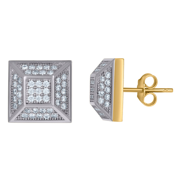 10kt Gold Two-tone CZ Mens Square Push Back Studs