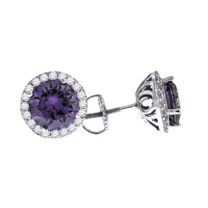 925 Sterling Silver Womens Purple Cubic Zirconia Halo Round Stud Earrings