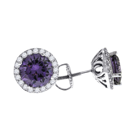 925 Sterling Silver Womens Purple Cubic Zirconia Halo Round Stud Earrings