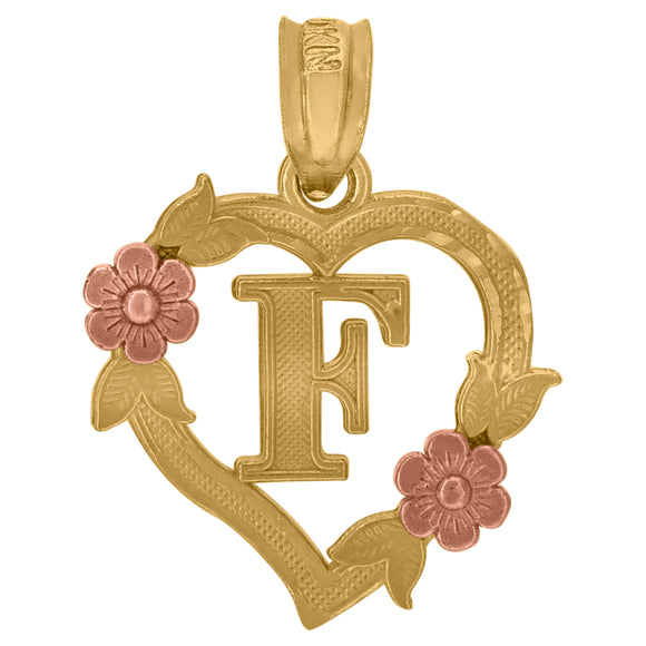 10kt Two-tone Gold Womens Heart Flower Initial Letter F Charm Pendant