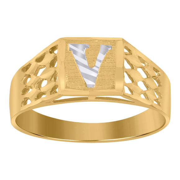10kt Two-tone Gold Unisex Diamond-cut Textured Initial Letter V Band Ring