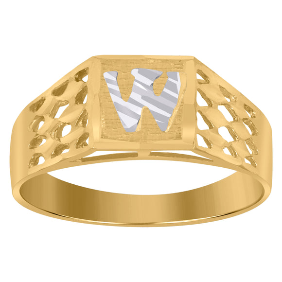 10kt Two-tone Gold Unisex Diamond-cut Textured Initial Letter W Band Ring