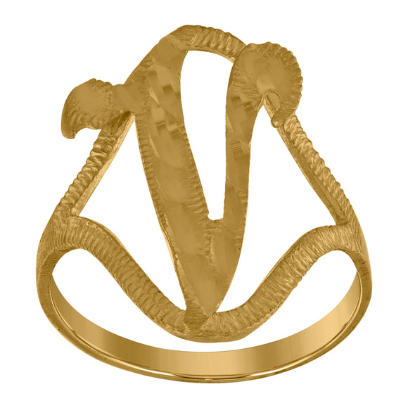 10kt Yellow Gold Womens Diamond-cut Textured Initial Letter V Band Ring