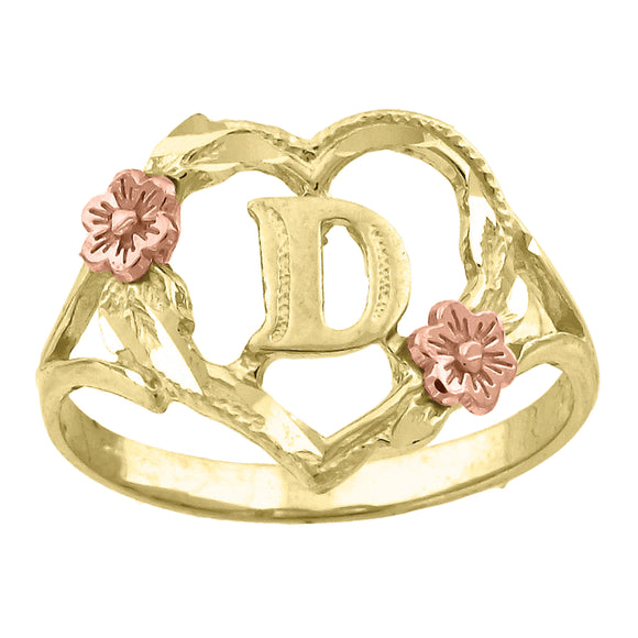 10kt Two-tone Gold Womens DC Textured Initial Letter D Heart Band Ring
