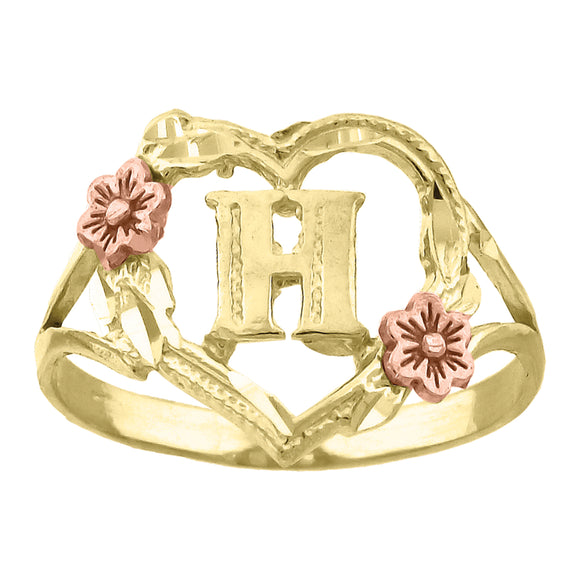 10kt Two-tone Gold Womens DC Textured Initial Letter H Heart Band Ring