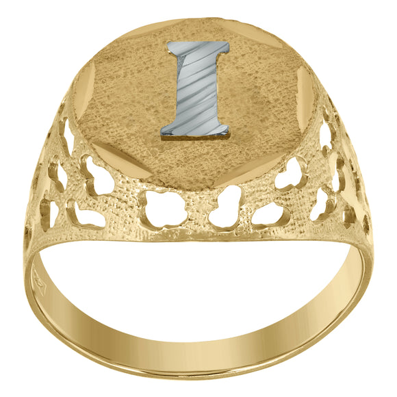 10kt Two-tone Gold Mens Diamond-cut Textured Initial Letter I Band Ring