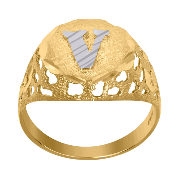 10kt Two-tone Gold Mens Diamond-cut Textured Initial Letter V Band Ring