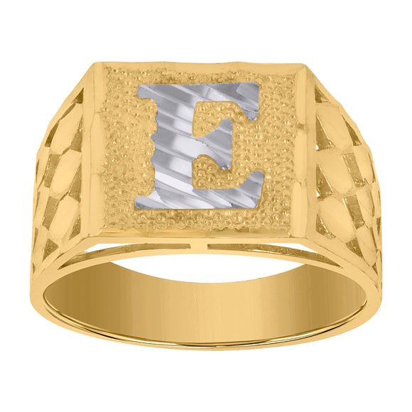 10kt Two-tone Gold Mens Diamond-cut Textured Initial Letter E Band Ring
