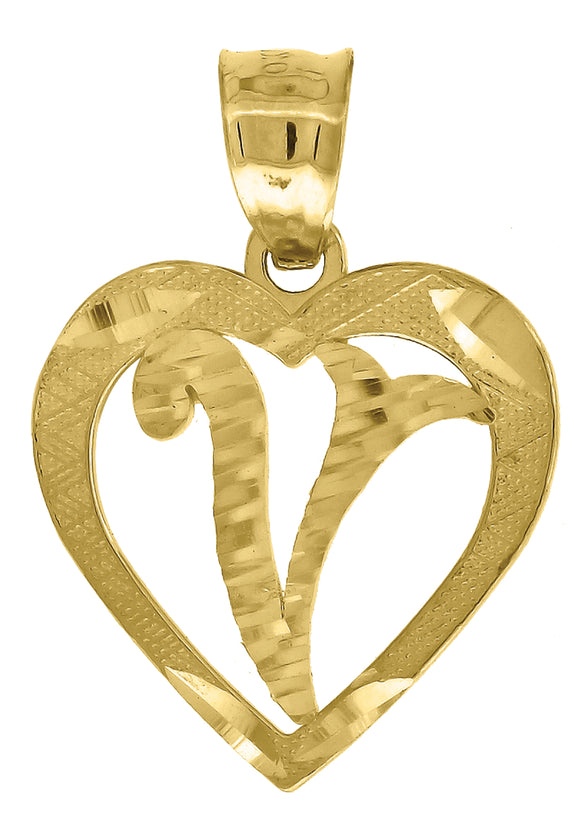 10kt Yellow Gold Womens Diamond-cut Heart Initial V Charm Pendant