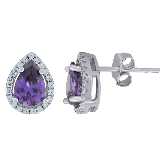 925 Sterling Silver Womens Purple Cubic Zirconia Pear Stud Earrings