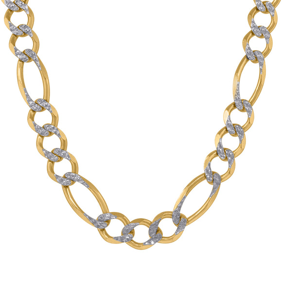 10kt Two-tone Gold Unisex Solid Figaro Pave Chain 11.5mm 30 inches
