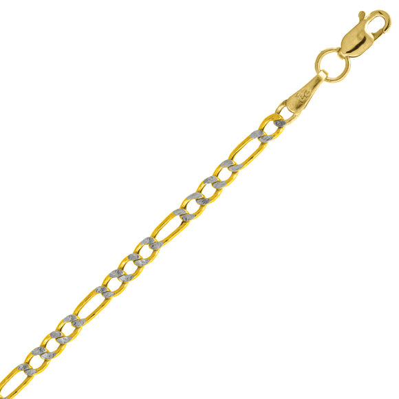 10kt Two-tone Gold Mens Hollow Figaro Pave Bracelet 2.3mm 9 inches