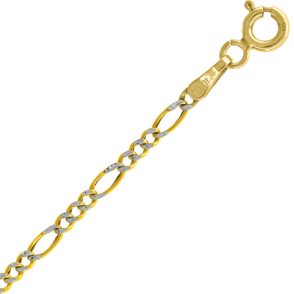 10kt Two-tone Gold Mens Hollow Figaro Pave Bracelet 1.9mm 9 inches