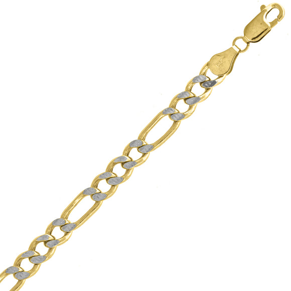10kt Two-tone Gold Mens Hollow Figaro Pave Bracelet 8.0mm 9 inches